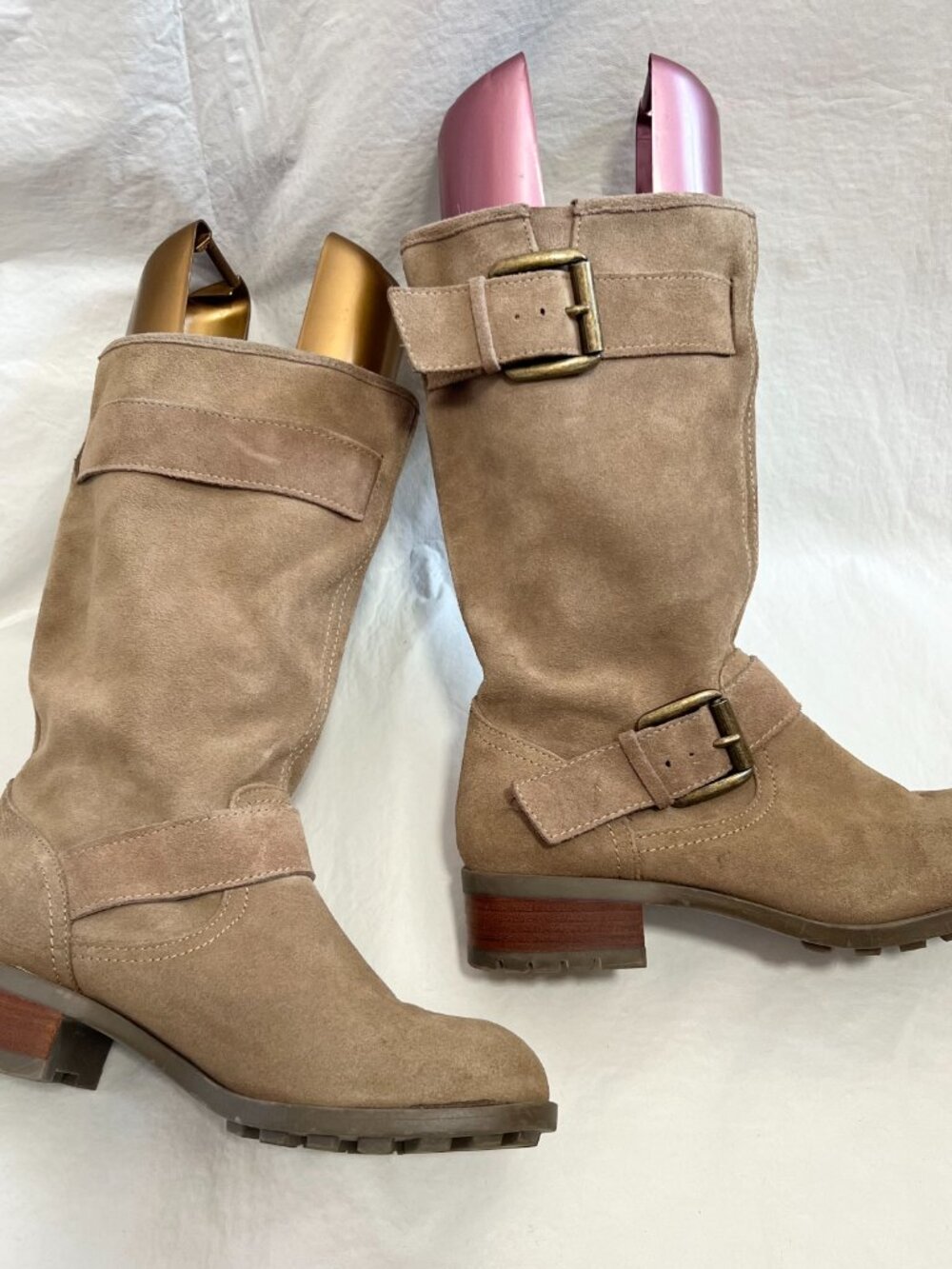 Skechers boots beige tan suede Lunacy womens 10 moto biker mid calf pull on - Picture 7 of 10